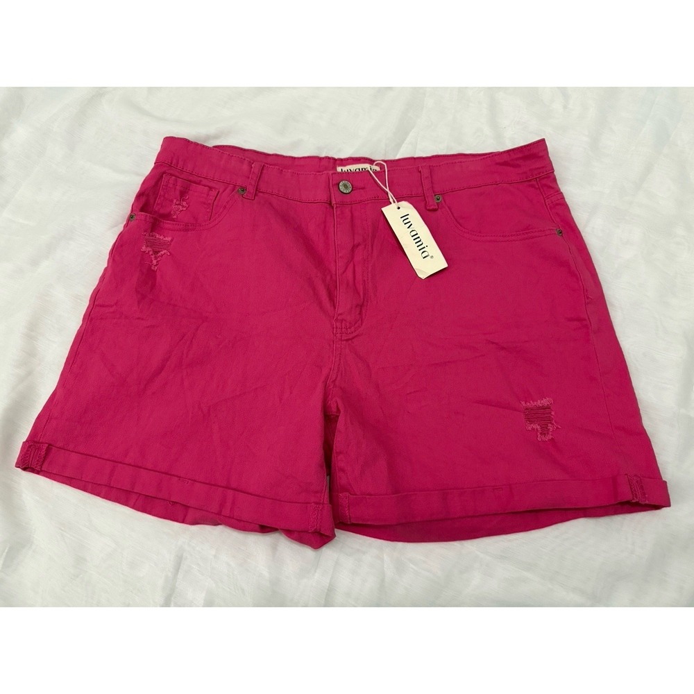 Luvamia Pink Denim 5-Pocket Distressed Shorts, Size Women's 2XL